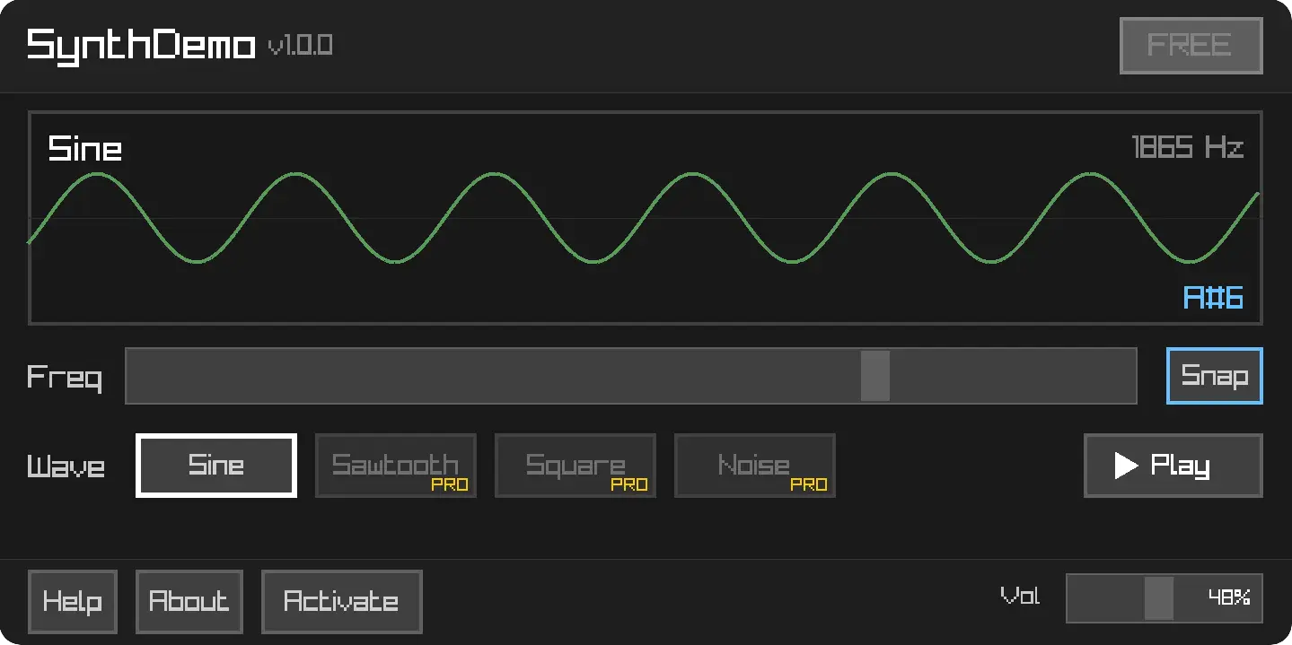 SynthDemo, the C++ sample app, with its waveform display and Pro-gated waveforms