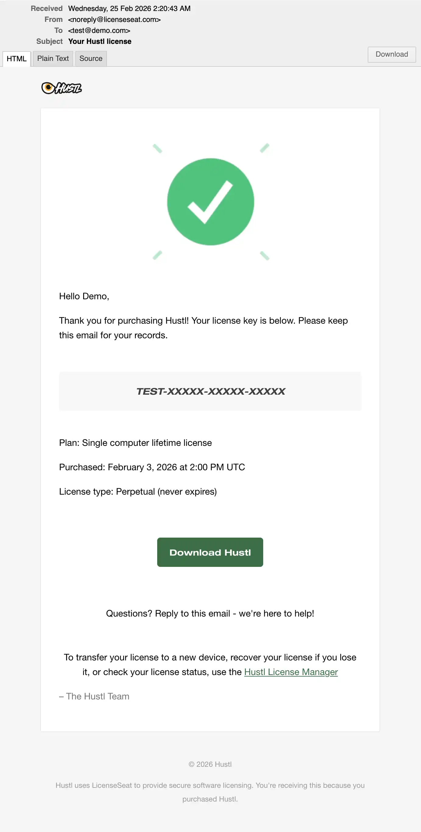 Branded license purchase email sent by LicenseSeat to your customer