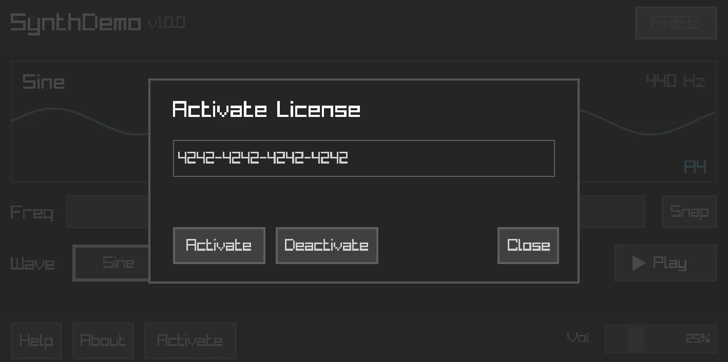 License activation dialog in the SynthDemo app