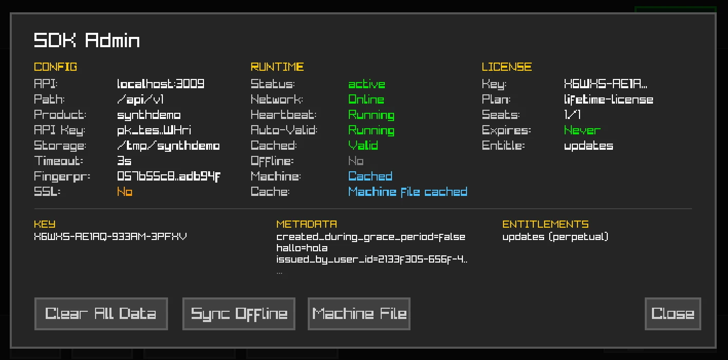 SDK Admin view showing runtime status and license details